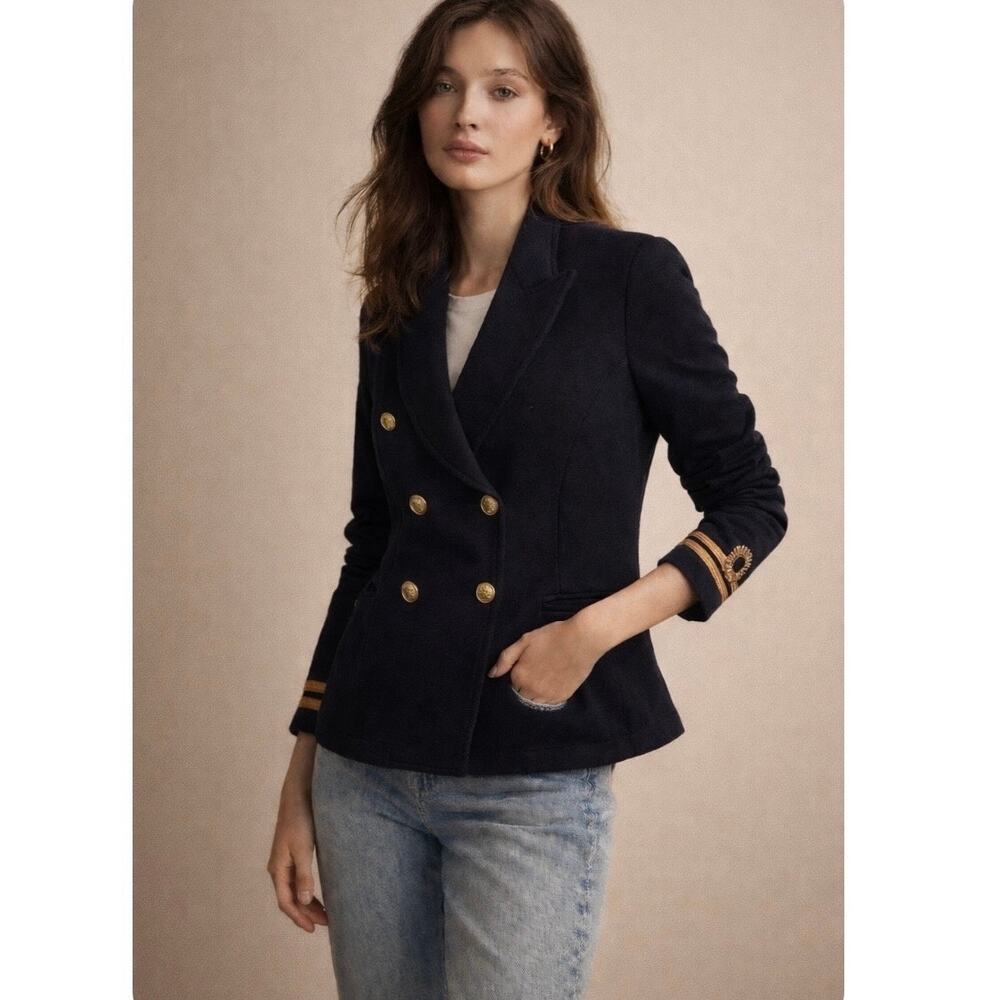 Ralph Lauren Denim & Supply Navy Double Breasted Jersey Blazer Gold Trim Large
